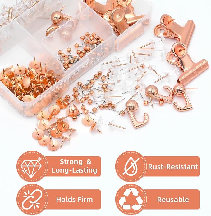 Rose Gold Push Pins Set, 5 Styles Office Pushpins Set in Storage Box - Image 9