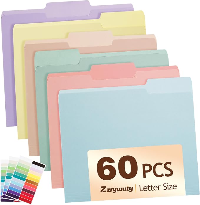 Color File Folders, 1/3-Cut Tabs, 60 Pack File Folder Letter Size, 6 Pastel by Zzrywuty