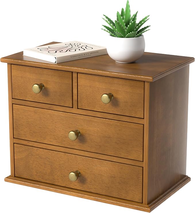 Oak Desk Organizer with Drawers, Durable Wooden Desktop Storage Box with Metal by JNFUZ