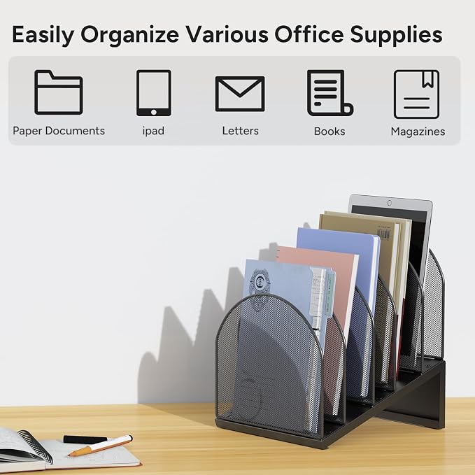 5-Section Desk File Organizer, Metal Mesh Folder Organizer - Image 7