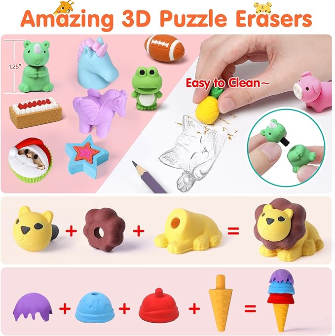 Moosia 60 Pack Animal Pencil Erasers - Image 4
