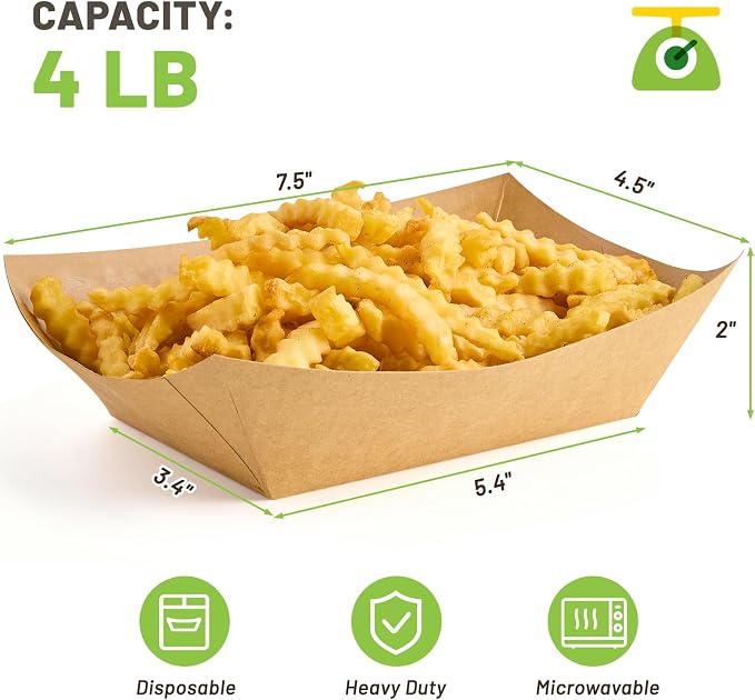 ZORRITA Large Paper Food Trays, 4 LB, 50 Pack, Disposable | Kraft Food Boats - Image 2