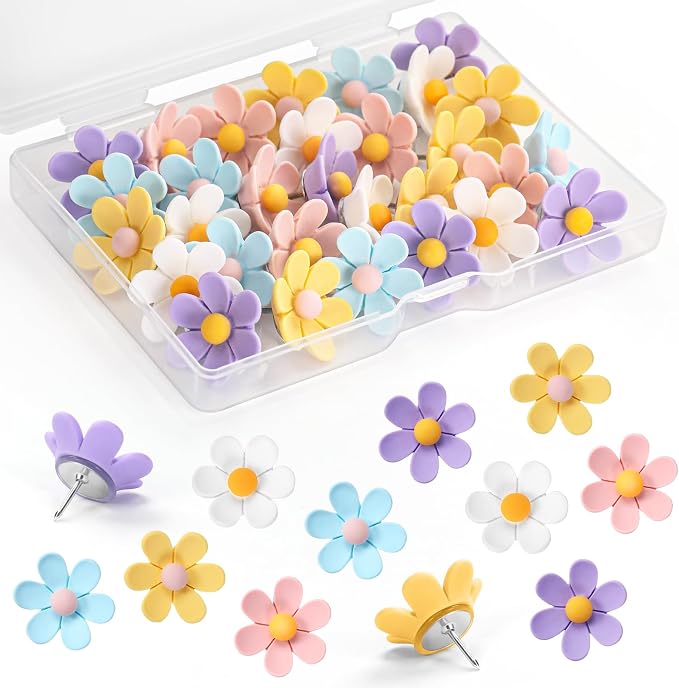 30Pcs Flower Pushpins, 5 Colors Cute Decorative Push Pins, Fun Resin Thumbtacks by GOOLADA