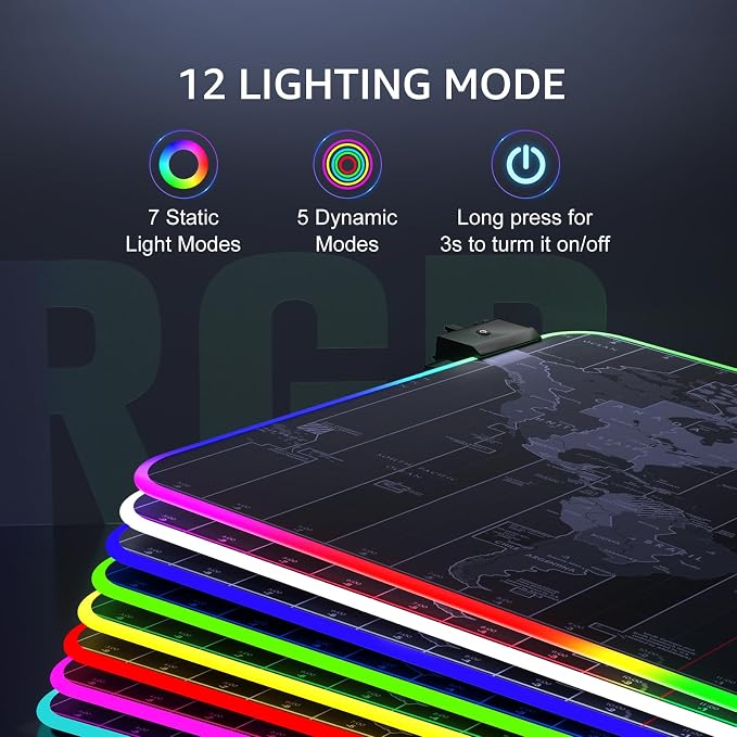 KTRIO RGB Large Gaming Mouse Pad, 31.5 x 15.7 in, RGB World Map, XXL | Smooth - Image 2