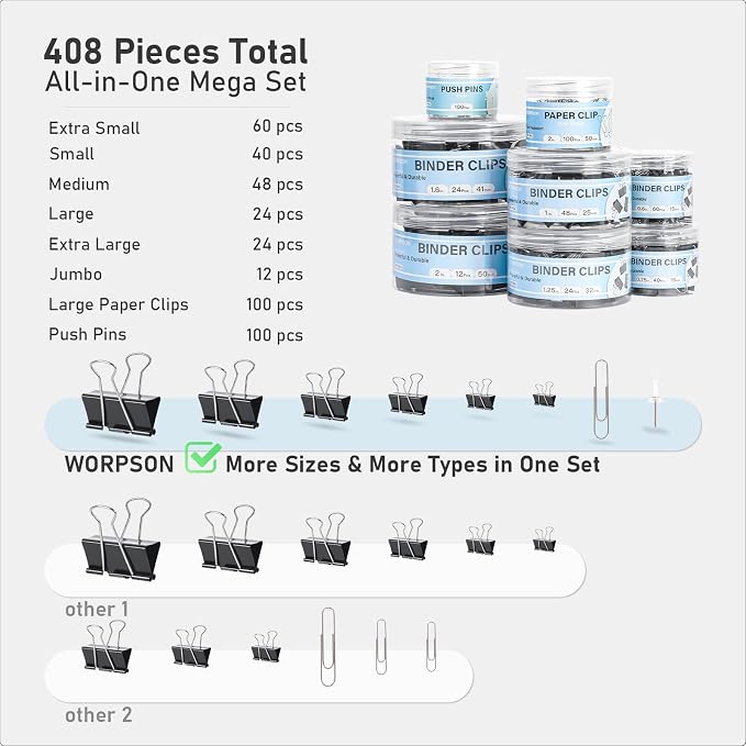 408 PCS Binder Clips Paper Clamps Assorted Sizes and Push Pins, Binding - Image 5