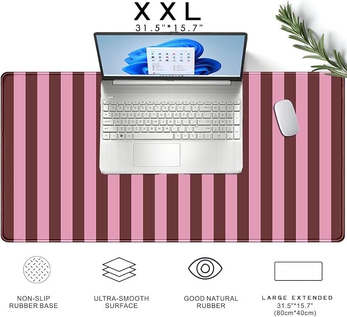 Pink and Burgundy Striped Desk Mat Cute Pastel XXL Large Gaming Mouse Pad Desk - Image 8