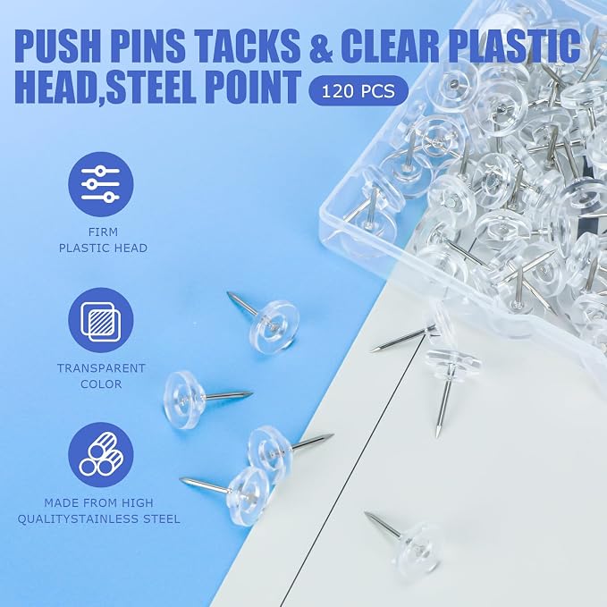 120 Count Clear Push Pin Tacks, Premium Thumb Tacks Steel Point and Plastic - Image 3