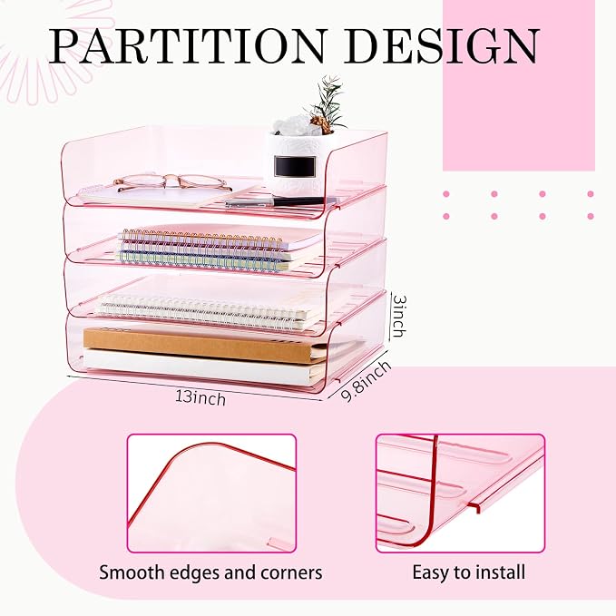 Harloon 4 Tier Pink Acrylic Paper Organizer 13 x 9.8 x 3 Inches Letter Tray - Image 2