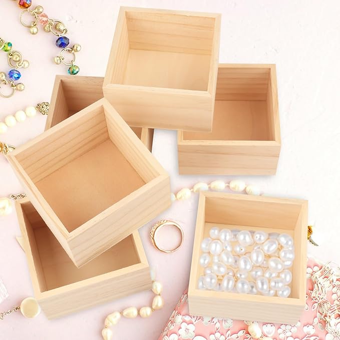 GNIEMCKIN 24 Pack 4 x 4 Inch Wooden Box, Unfinished Small Square Wooden Box - Image 6