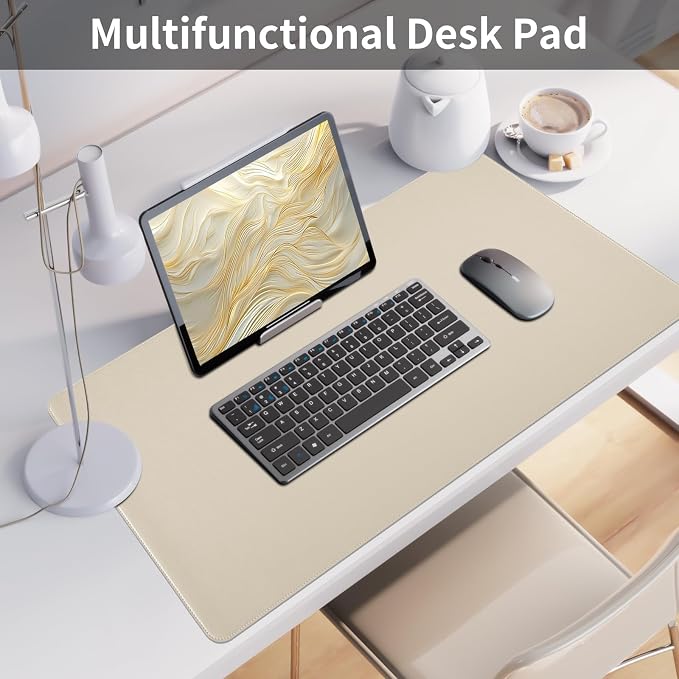 Beige Desk Mat with Stitched Edges, 31.5"×15.7" Keyboard Pad, Non-Slip Desk - Image 6