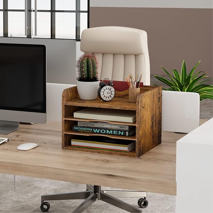 Snughome Vintage Wood File Organizer Desktop, 13.4’’ Document Letter Mail Tray - Image 2