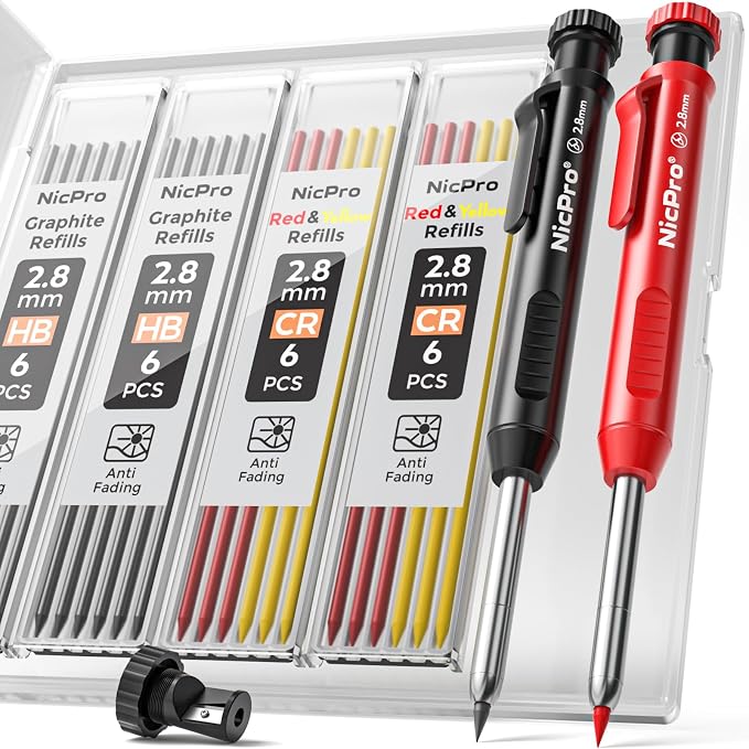 Nicpro Carpenter Pencil with Sharpener, Mechanical Pencils Set with 26 Refills by Nicpro