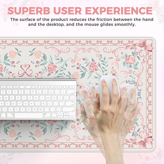 iCasso Pink Desk Mat for Desktop, Cute Desk Pad for Women, Girly Bow Mouse Pad - Image 4