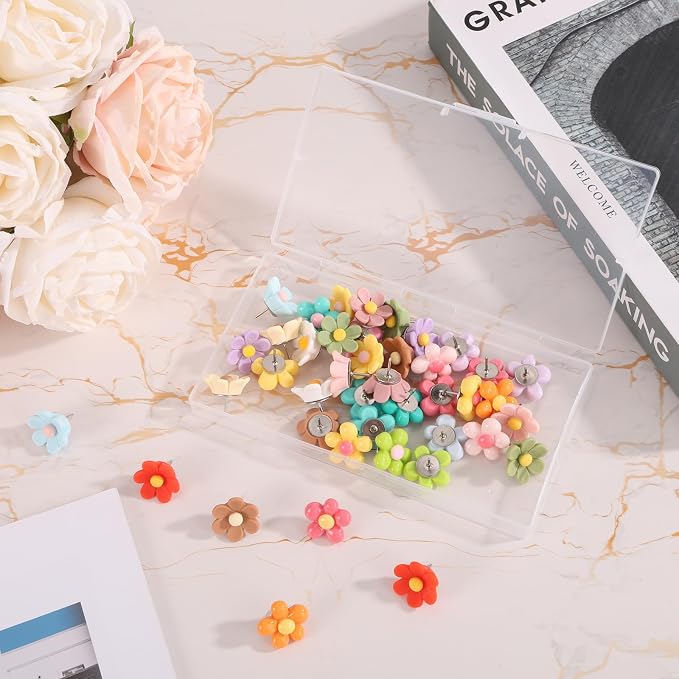 50pcs Flower Push Pins, Resin Decorative Thumb Tacks | Cute Floral Push Pins - Image 3