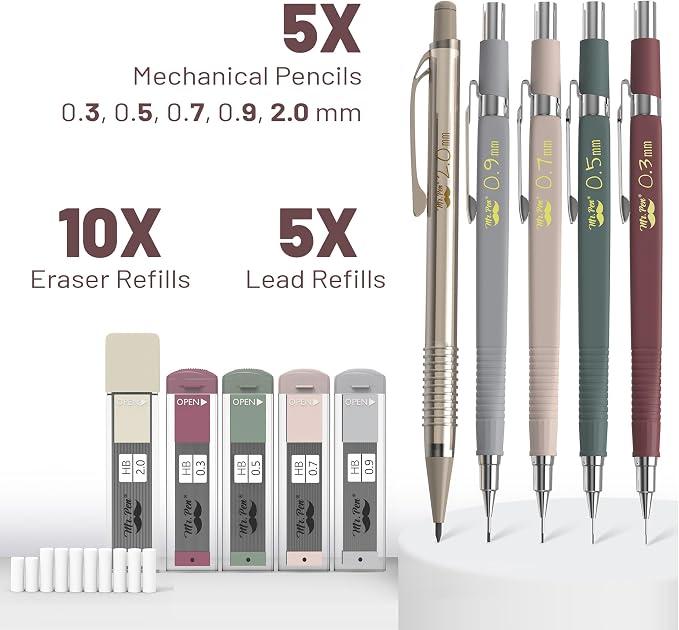 Mr. Pen- Art Mechanical Pencil Set, 5 Sizes | 5 HB Lead Refills & 10 Eraser - Image 2