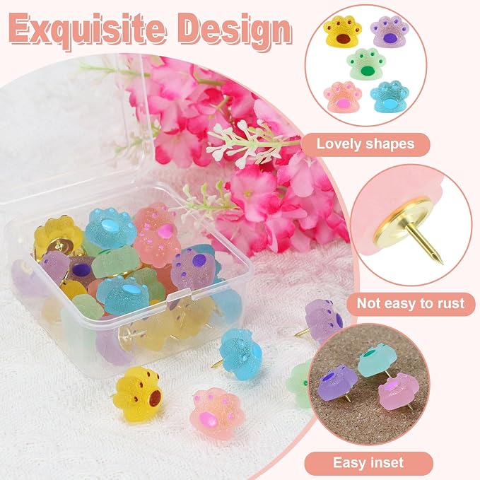 30 Pack Decorative Push Pins, Luminous Cat Paw Thumb Tacks - Image 2