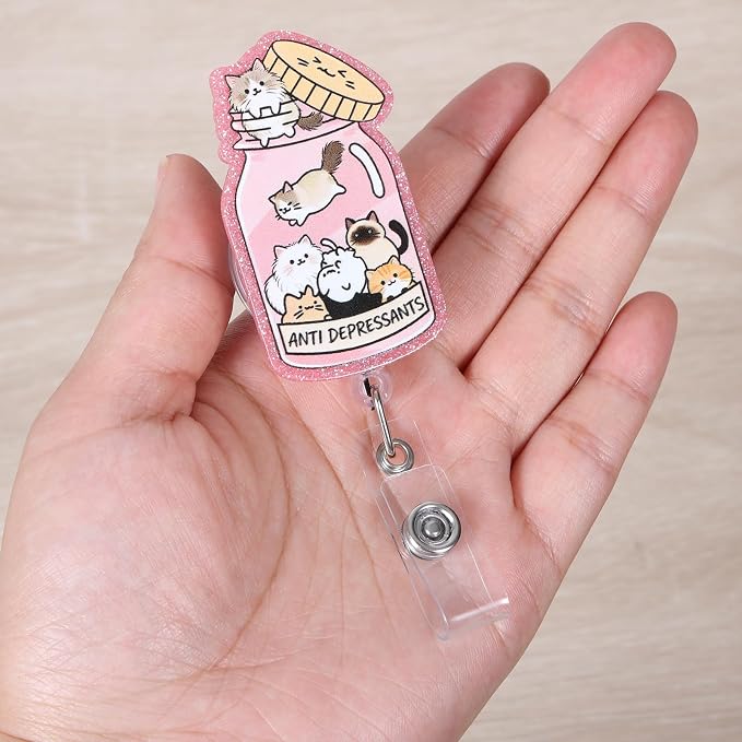 Anti Depressants Funny Nurse Badge Reel, Cute Pink Cat Retractable ID Card - Image 2