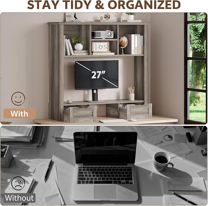 Desk Shelf with Computer Monitor Stand, 37.4''W Desktop Bookshelf Display Rack - Image 4