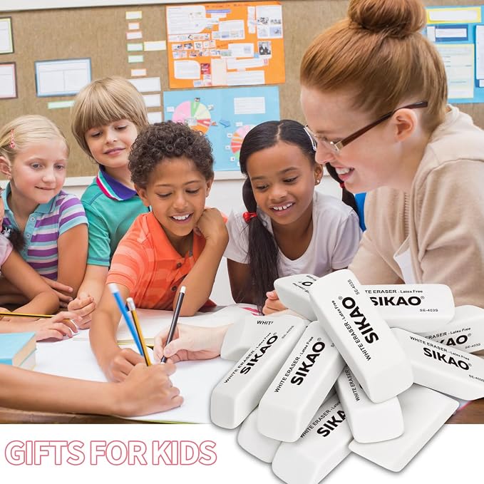 White Erasers, 6 Pack Pencil Erasers | Latex-Free & Smudge-Free Beveled Rubber - Image 7