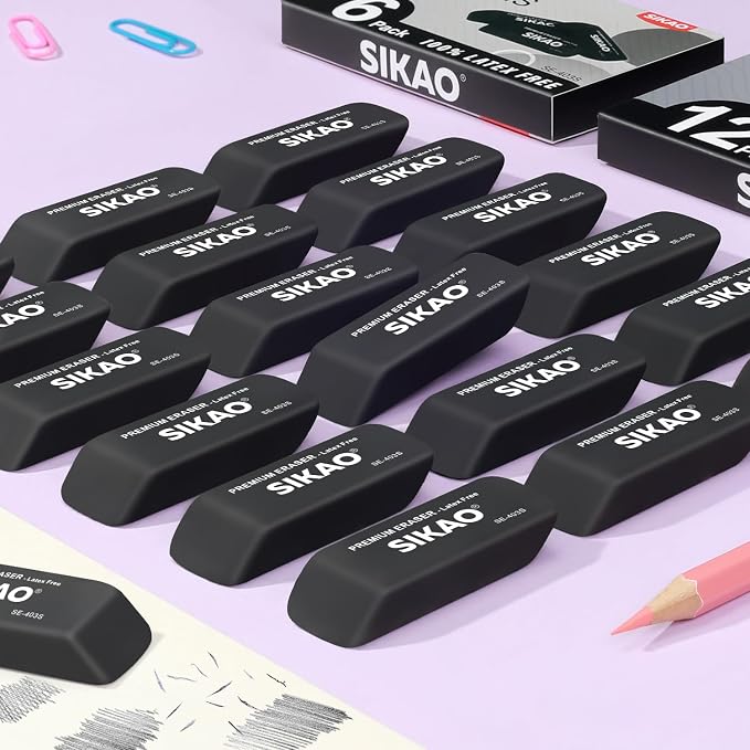 Black Erasers, 6 Pack Block Pencil Erasers | Latex-Free & Smudge-Free Beveled - Image 5
