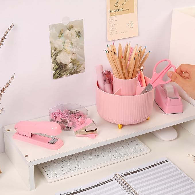 SKYDUE Pink Desk Accessories 10Pcs, Rotating Pen Holder - Image 8