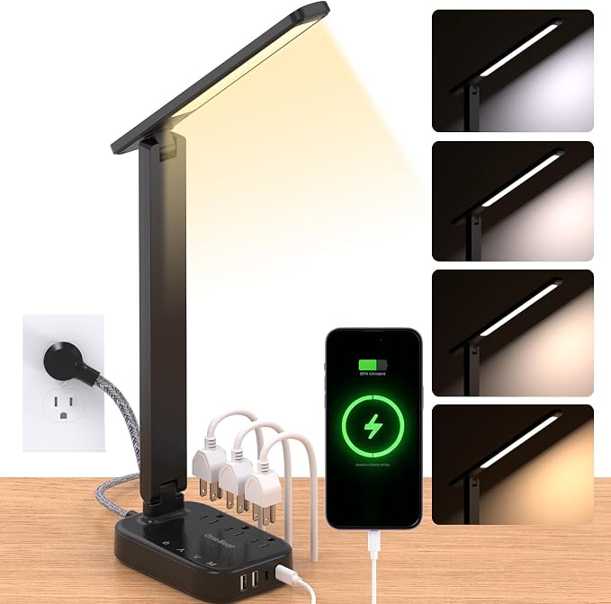 One Beat Small LED Desk Lamp Power Strip 10ft Extension Cord, 3 Outlets 4 USB by OneBeat