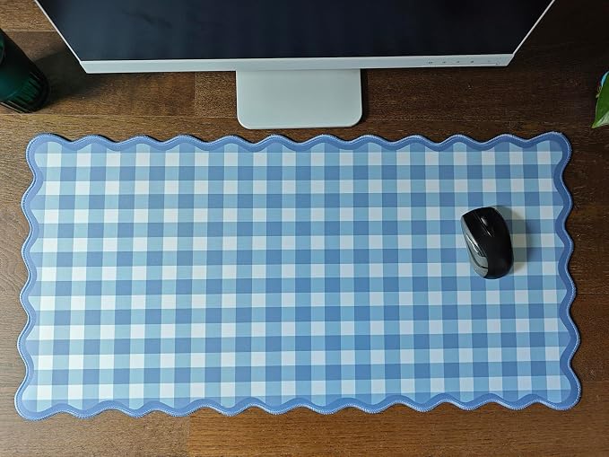 Scalloped‌ Blue Checkered Gingham Desk Mat Cute Pastel XXL Large Gaming Mouse - Image 6