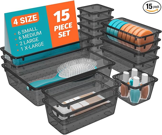 SpaceHacks 15 PCS Clear Plastic Drawer Organizer Set, 4-Size Acrylic Drawer by SpaceHacks