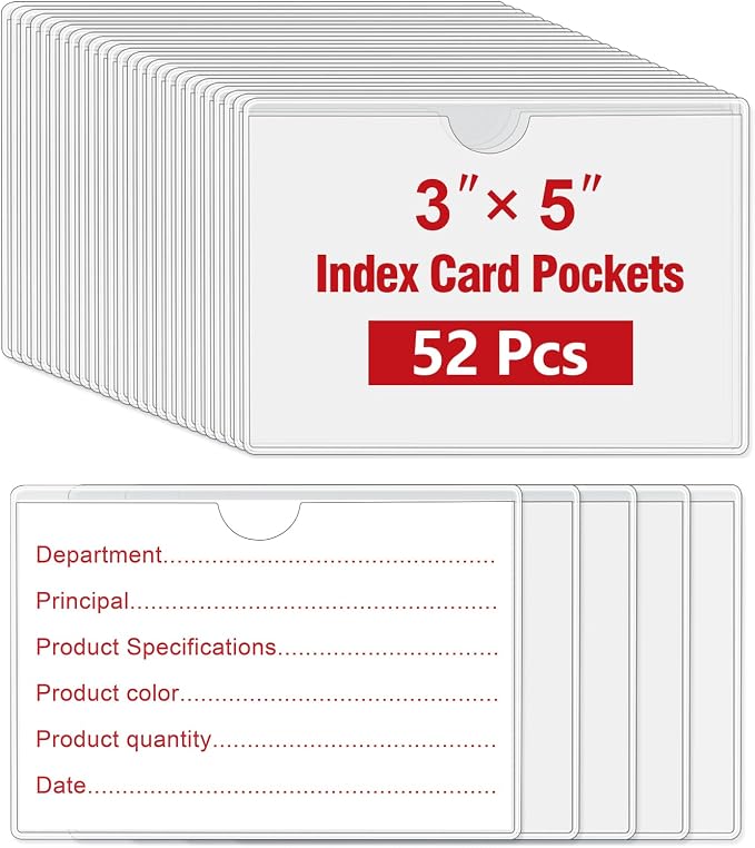 52 Pcs 3" x 5" Self Adhesive Index Card Pockets Label Pockets by BESARME