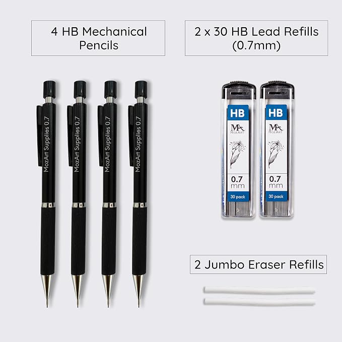 MozArt Mechanical Pencil 0.7mm Set 2x30 HB Lead & Eraser Pen Refills | Metal - Image 2