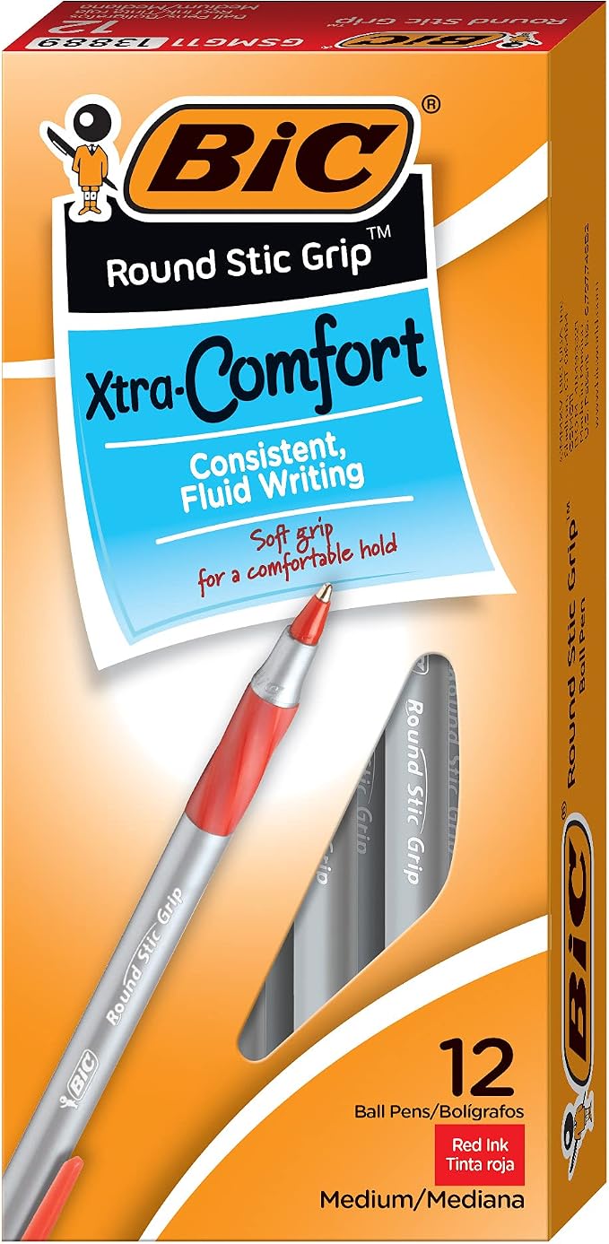 BIC Round Stic Grip Xtra Comfort Red Ballpoint Pens, Medium Point, Excellent - Image 2