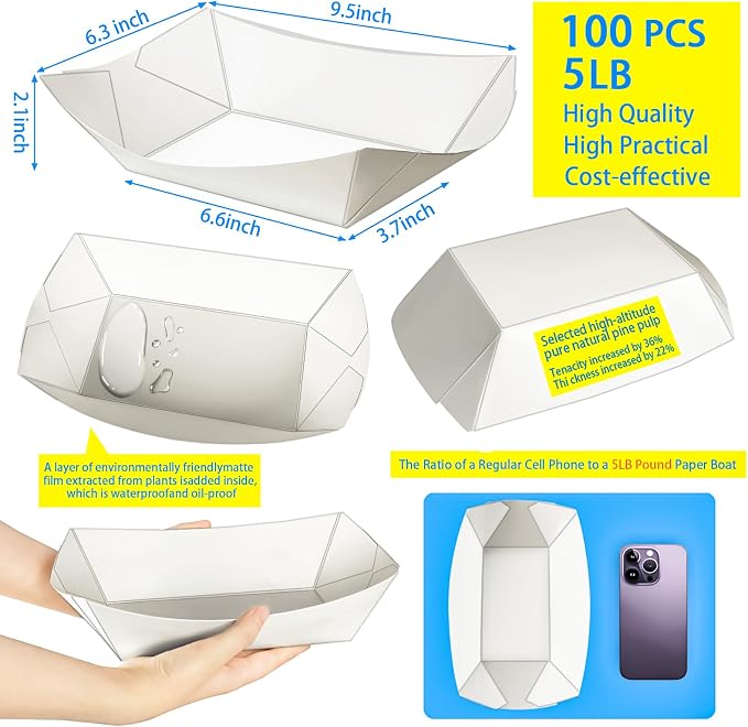 100 Pack 5LB Extra Large Paper Food Boats Trays Disposable Paper Boat, Heavy - Image 2