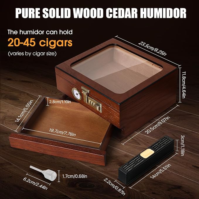 Tesonway Cigar Humidor, Cedar Wood Humidor Cigar Box, Glass Top Desktop Humidor - Image 4