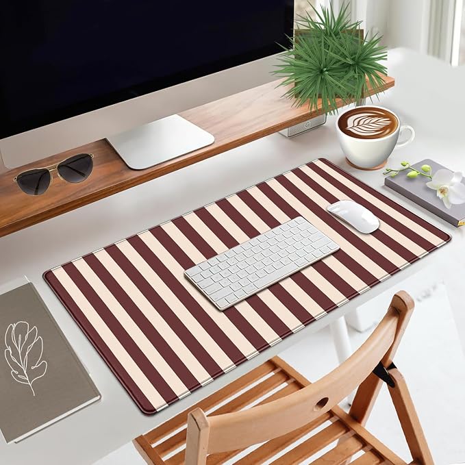 Maroon Beige Striped Desk Mat Cute Pastel XXL Large Gaming Mouse Pad Desk Pad - Image 3