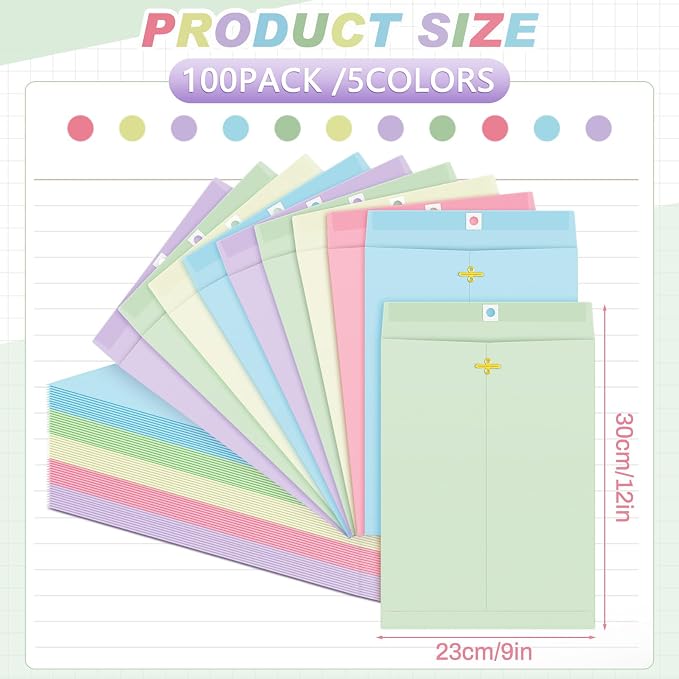 Geyee 100 Pcs Clasp Manilla Envelopes 9 x 12 Inch Gummed Colored Envelopes - Image 2