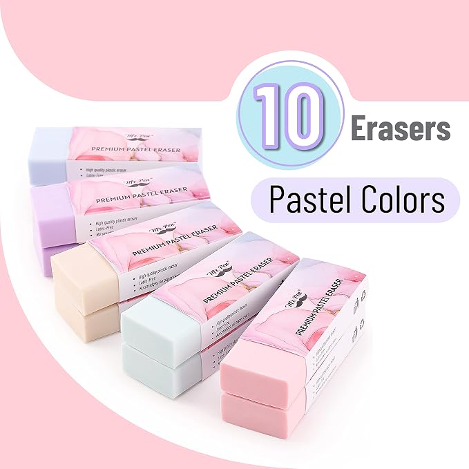 Mr. Pen- Pencil Eraser, 10 Pack, Pastel Colors | Large Latex Free Vinyl Block - Image 2