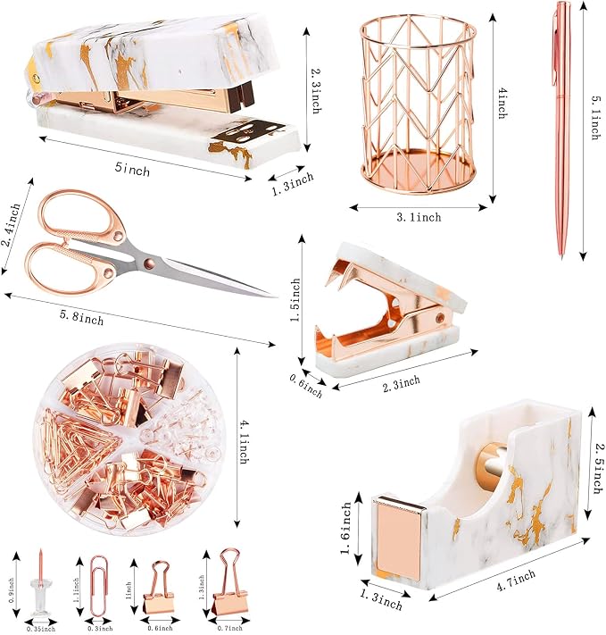 Rose Gold Marble Desk Accessories, Office Supplies Set Stapler Staple Remover - Image 2