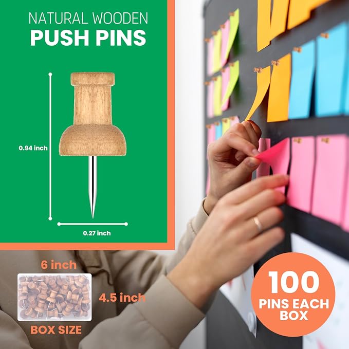 Wood Push Pins for Bulletin Board 100 Pcs– Wooden Decorative Push Pin- Thumb - Image 2