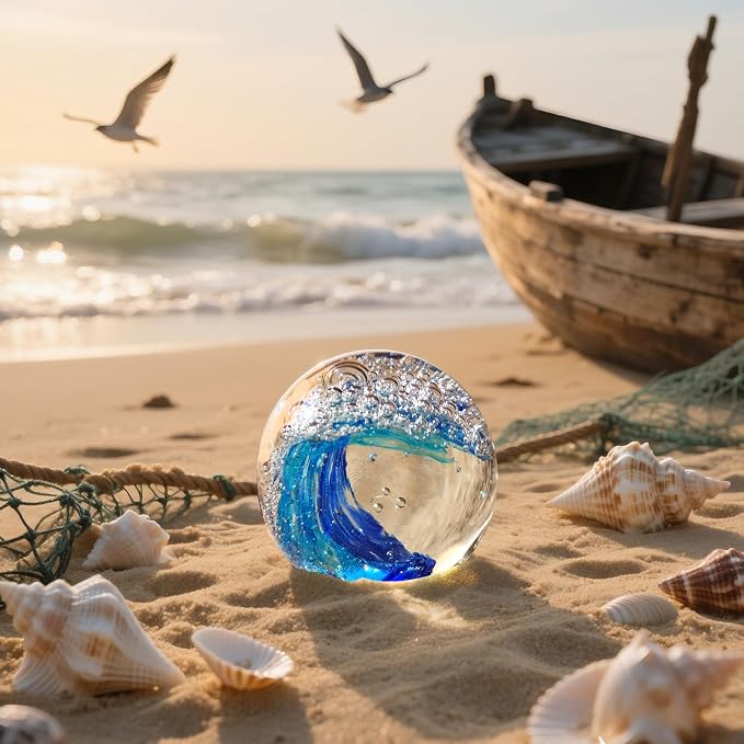Hand Blown Glass Ocean Wave Paperweight - Image 5