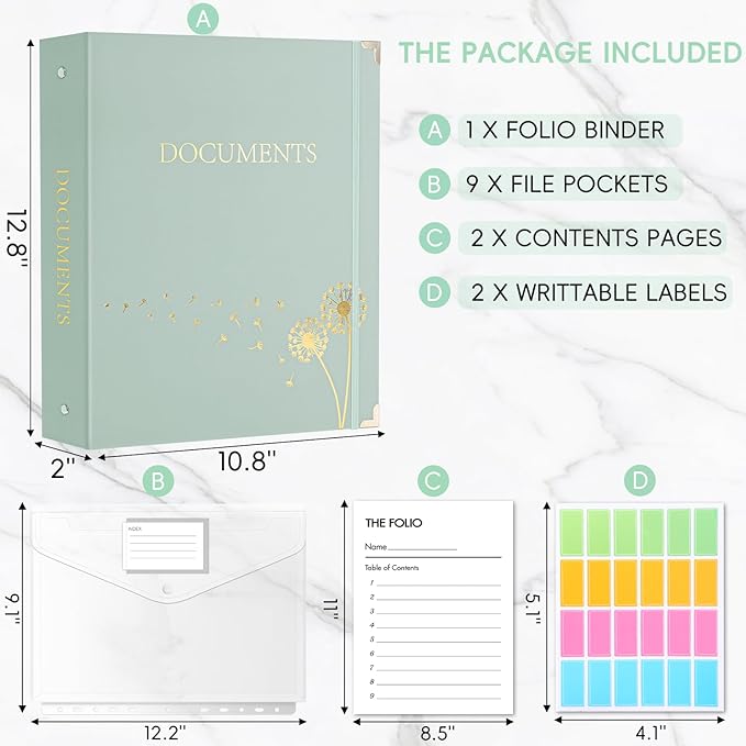 XKDOUS Document Organizer with Gold-Foiled Hardcover, 9 Pockets & Labels 3 Ring - Image 2