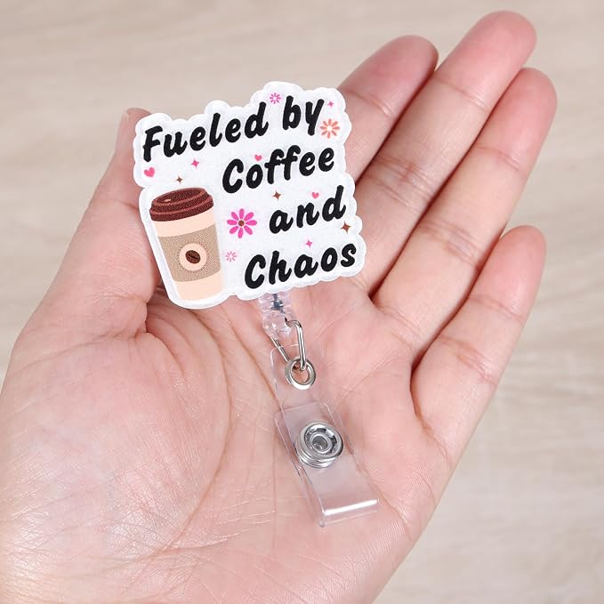 Fueled by Coffee and Chaos Funny Nurse Badge Reel, Cute Retractable ID Badge - Image 4