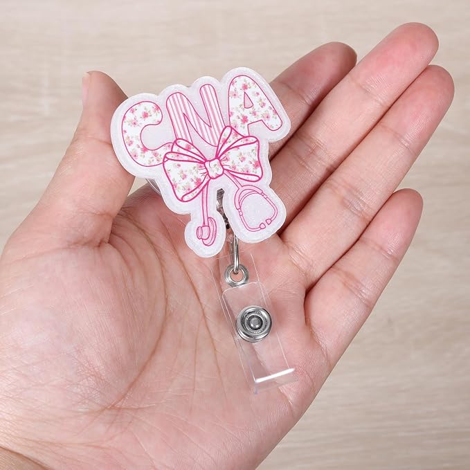 Pink Floral Bow CNA Badge Reel, Cute Retractable ID Badge Holder - Image 2