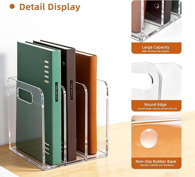 Acrylic Magazine File Holder, 3 Vertical Compartments Desk Document Sorter - Image 3