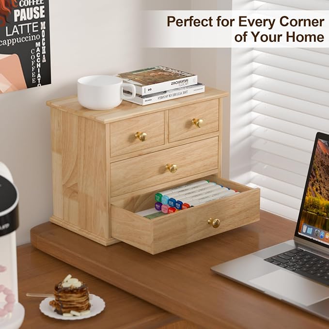 Oak Desk Organizer with Drawers, Durable Wooden Desktop Storage Box with Metal - Image 4