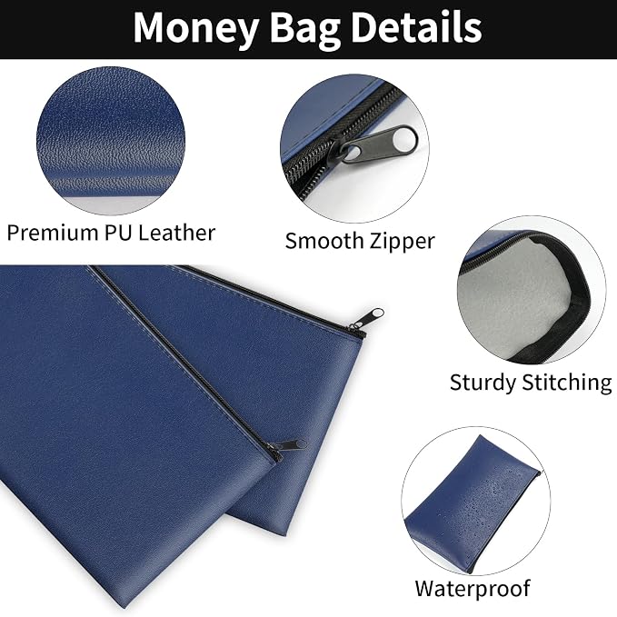 2 Pack Money Bags with Zipper, 11x6.1 Inch PU Leather Cash Pouch, Secure Bank - Image 2