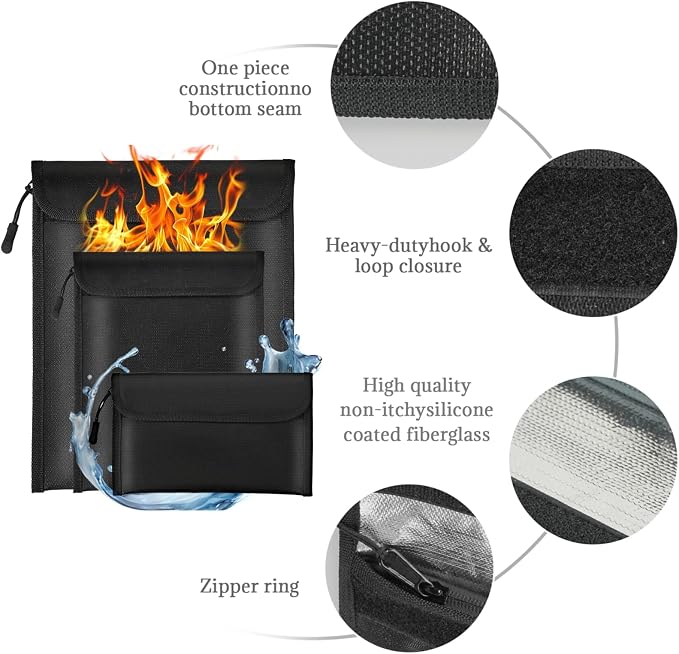 Lihengkong Fireproof Waterproof Document Bag 3-Pack Black 2000℉ Money Bag - Image 3