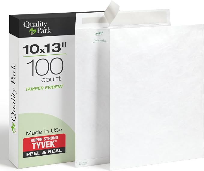 Quality Park Tyvek Envelopes, 100 Pack, Large 10 x 13 Mailers, Easy-to-Open by Quality+Park