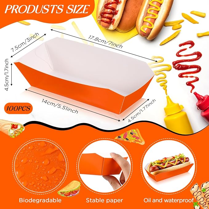 Yeaqee 100 Pcs 7" Paper Hot Dog Trays Disposable Paper Food Nacho Boats Hot Dog - Image 3