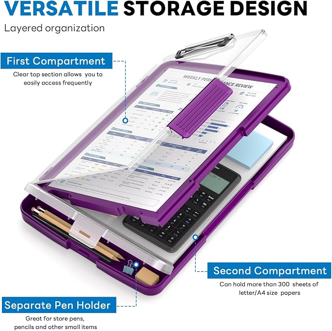 Clipboard with Storage and Pen Holder, Deep Purple 8.5 x 11'' Folder Side Open - Image 3