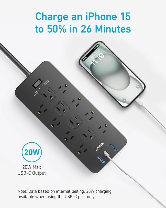 Anker Power Strip with 2100J Surge Protector, Outlet Extender, 10ft Extension - Image 4